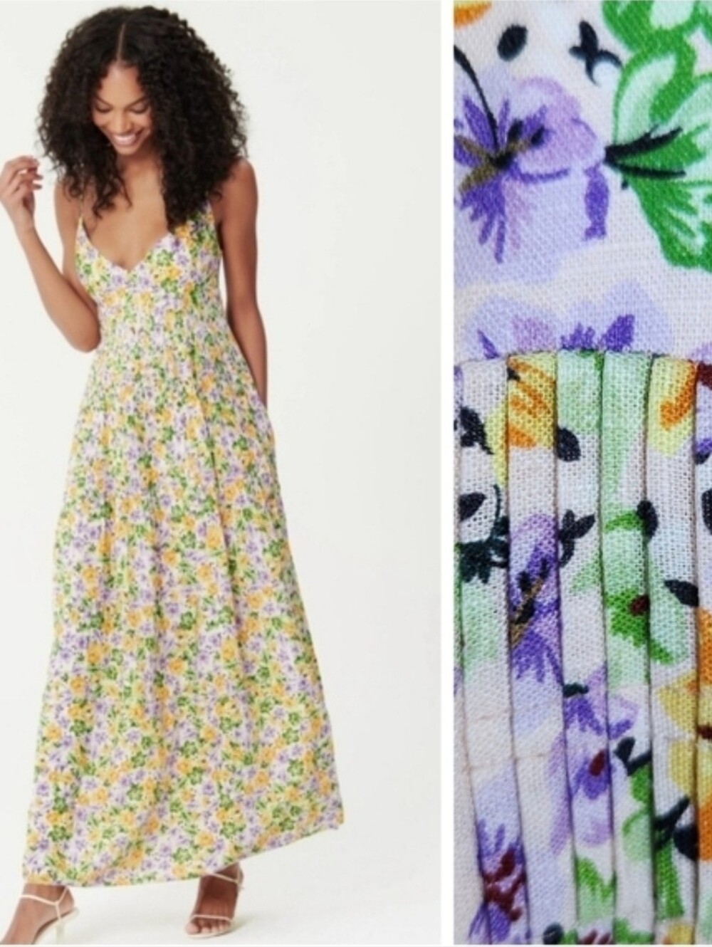Nicholas Susan Linen Maxi Dress in Whistledown Floral Long Sundress Pleated 4 S